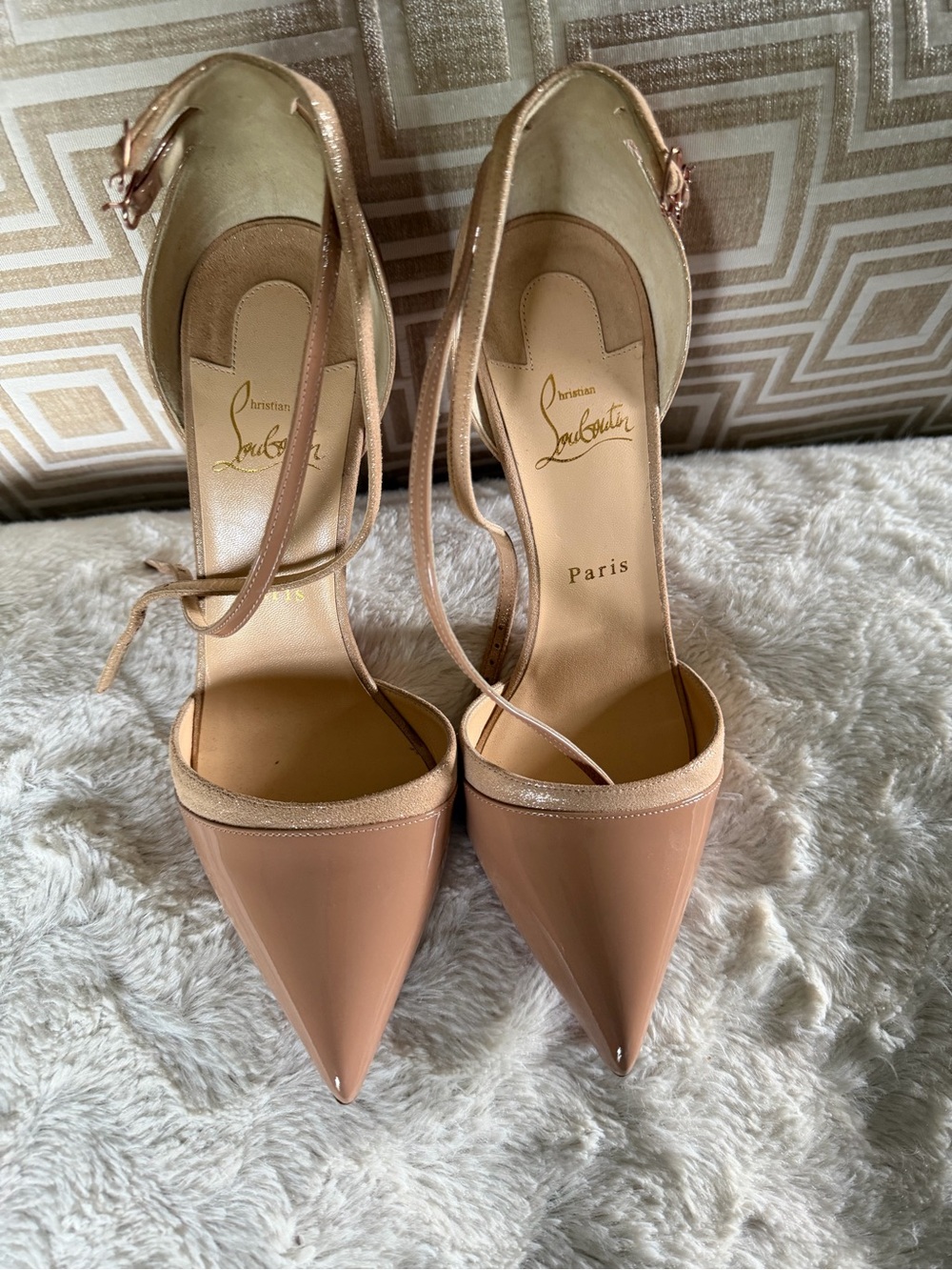 Christian Louboutin Blush Patent Pointed-Toe Ankle-Strap Pumps